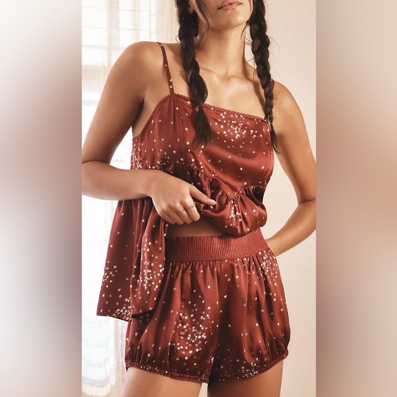 By Anthropologie Other - Anthropologie Star Print Pajama Set Burgundy Smocked Cami & Shorts Size S NWOT